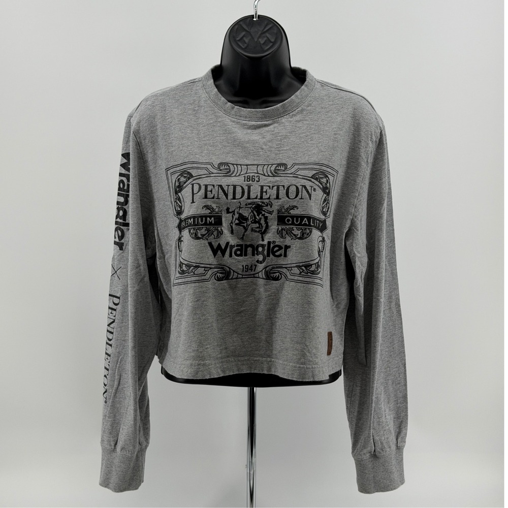 Wrangler x Pendleton Graphic T-Shirt Women Small Gray Cropped Long Sleeve Logo